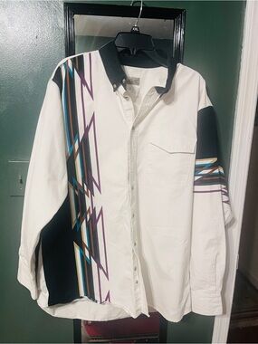 Express rider White Button-Down western viShirt with Multicolor Geometric Stripe
